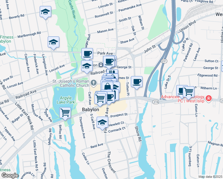 map of restaurants, bars, coffee shops, grocery stores, and more near 90 Deer Park Avenue in Babylon