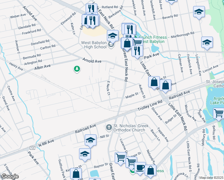 map of restaurants, bars, coffee shops, grocery stores, and more near 7 Tedel Court in West Babylon