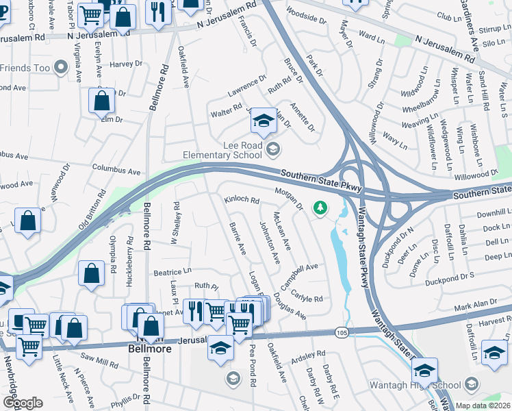 map of restaurants, bars, coffee shops, grocery stores, and more near 2922 Kinloch Road in Wantagh