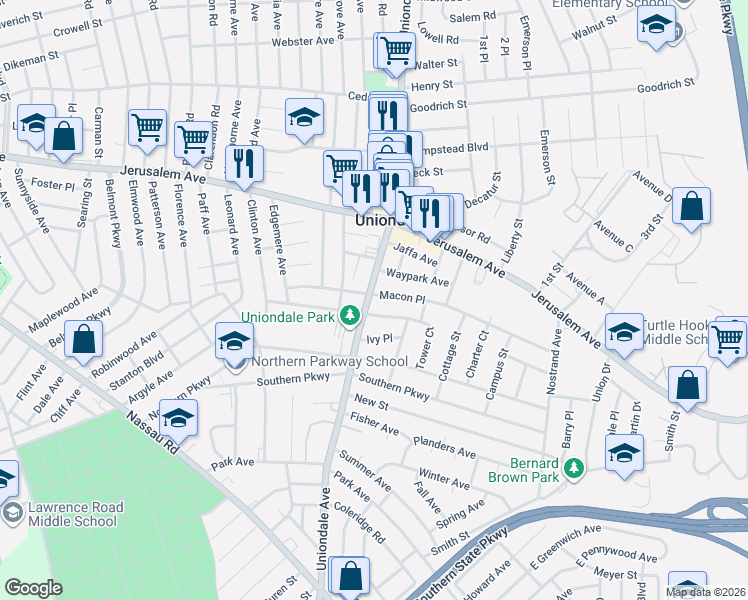 map of restaurants, bars, coffee shops, grocery stores, and more near 640 Macon Place in Uniondale