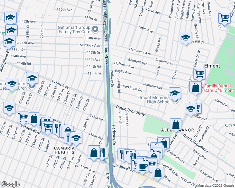map of restaurants, bars, coffee shops, grocery stores, and more near 559 Parkway Drive in Queens
