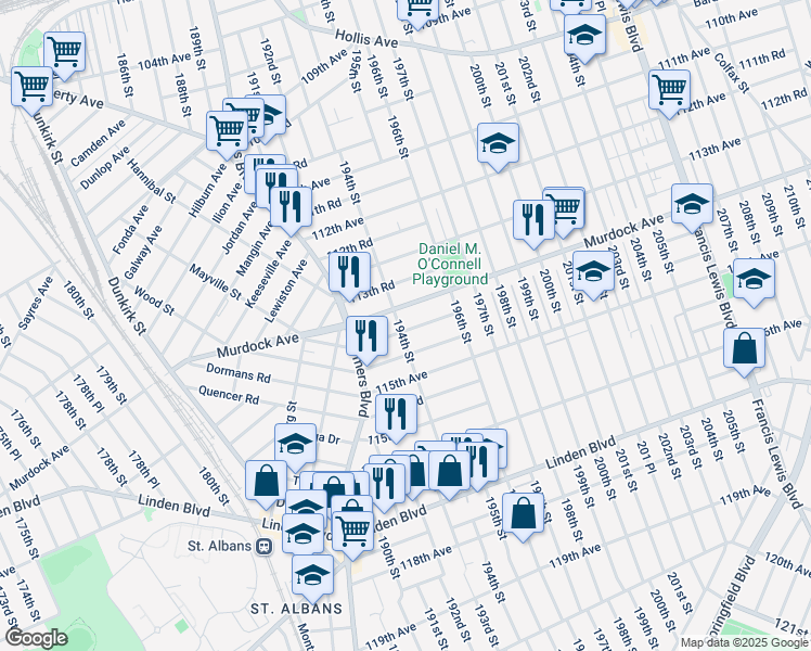 map of restaurants, bars, coffee shops, grocery stores, and more near 13 114th Road in Queens