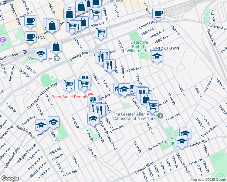 map of restaurants, bars, coffee shops, grocery stores, and more near 107-61 166th Street in Queens