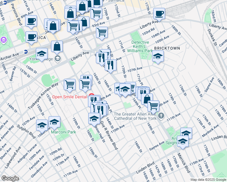 map of restaurants, bars, coffee shops, grocery stores, and more near 107-61 166th Street in Queens