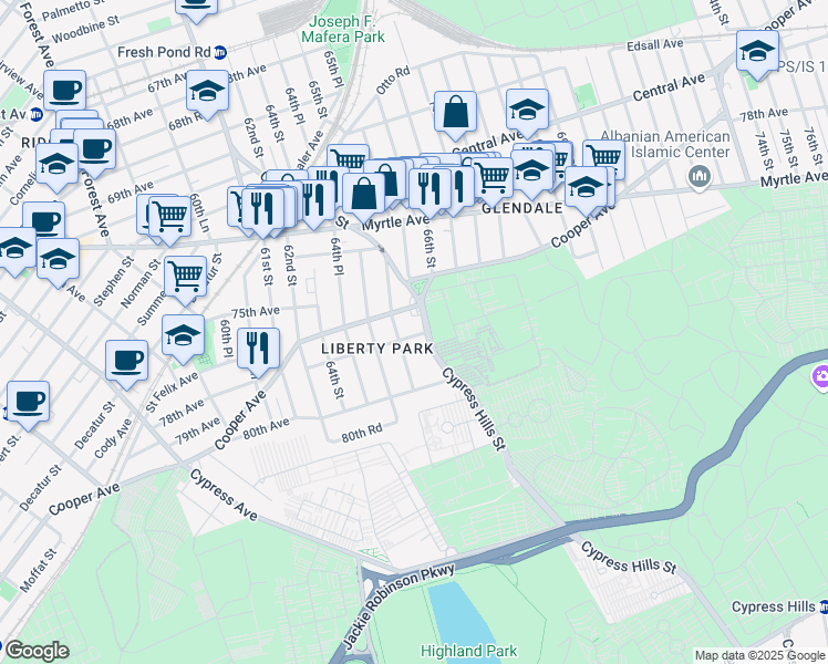 map of restaurants, bars, coffee shops, grocery stores, and more near 15 78th Avenue in Queens