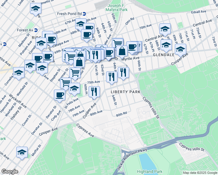 map of restaurants, bars, coffee shops, grocery stores, and more near 75-26 62nd Street in Queens