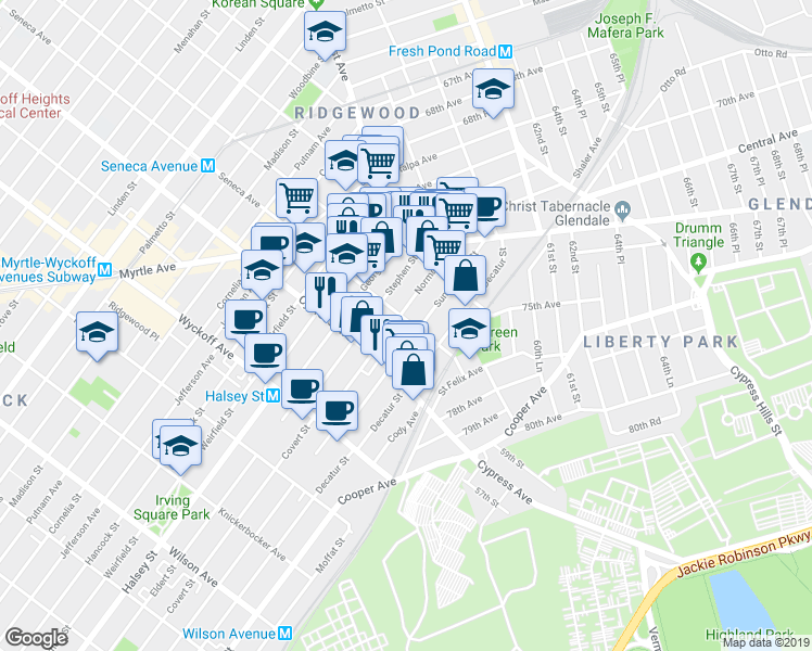 map of restaurants, bars, coffee shops, grocery stores, and more near 17-33 Norman Street in Queens