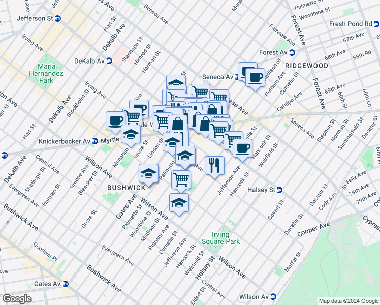 map of restaurants, bars, coffee shops, grocery stores, and more near 15 Ridgewood Place in Brooklyn