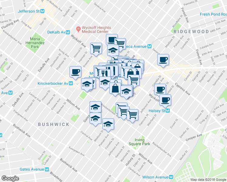 map of restaurants, bars, coffee shops, grocery stores, and more near 351 Irving Avenue in Brooklyn