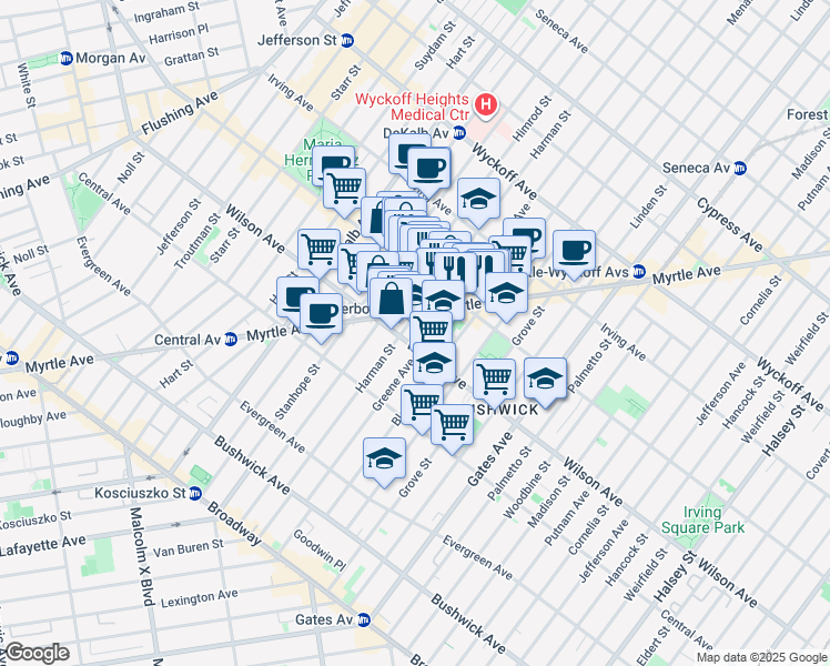 map of restaurants, bars, coffee shops, grocery stores, and more near 1285 Greene Avenue in Brooklyn
