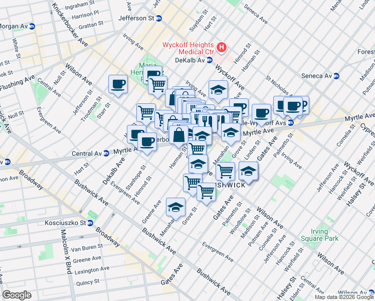map of restaurants, bars, coffee shops, grocery stores, and more near 1285 Greene Avenue in Brooklyn