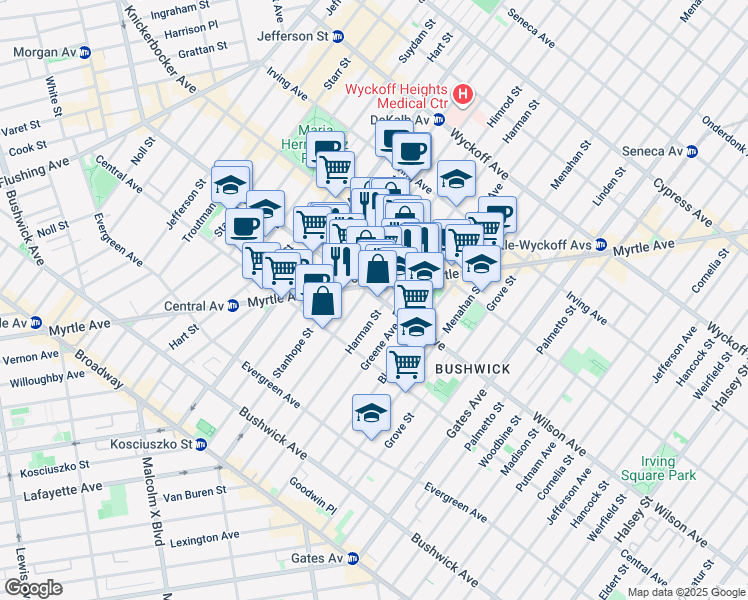map of restaurants, bars, coffee shops, grocery stores, and more near 226 Wilson Avenue in Brooklyn