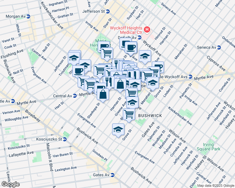 map of restaurants, bars, coffee shops, grocery stores, and more near 226 Wilson Avenue in Brooklyn