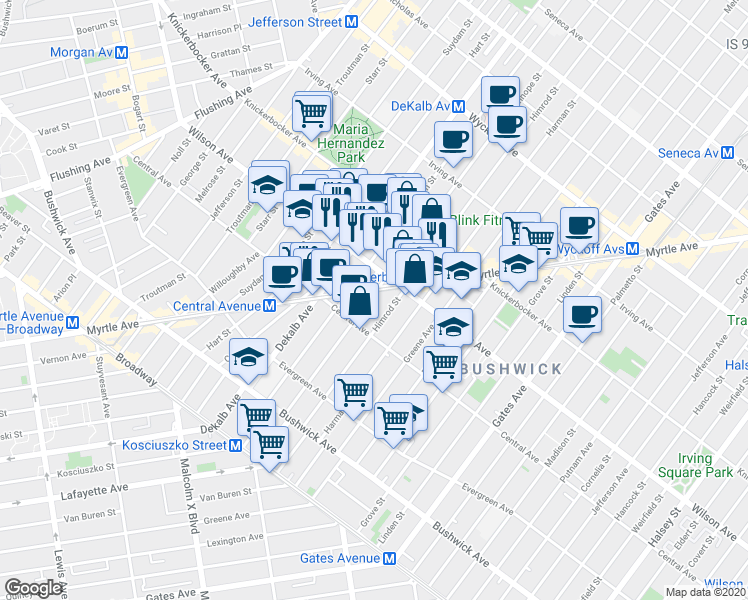 map of restaurants, bars, coffee shops, grocery stores, and more near 132A Stanhope Street in Brooklyn