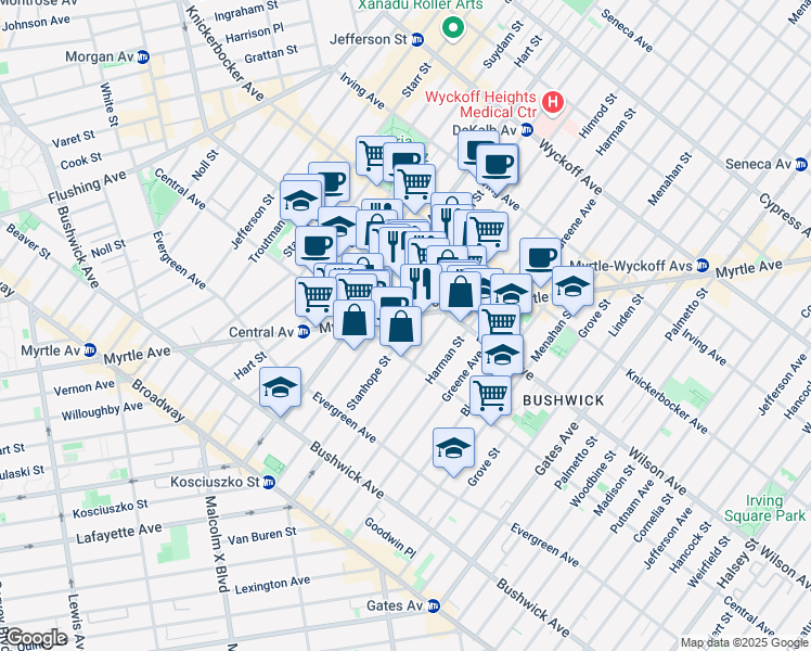 map of restaurants, bars, coffee shops, grocery stores, and more near 132A Stanhope Street in Brooklyn