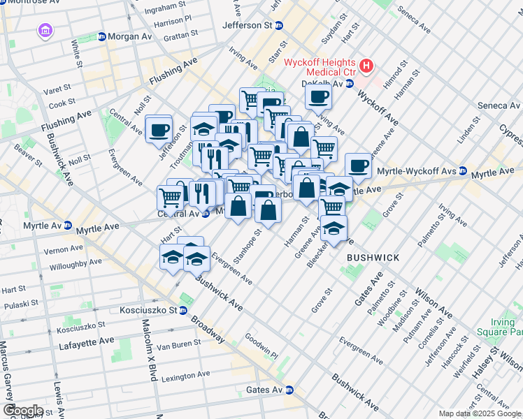 map of restaurants, bars, coffee shops, grocery stores, and more near 1296 Myrtle Avenue in Brooklyn