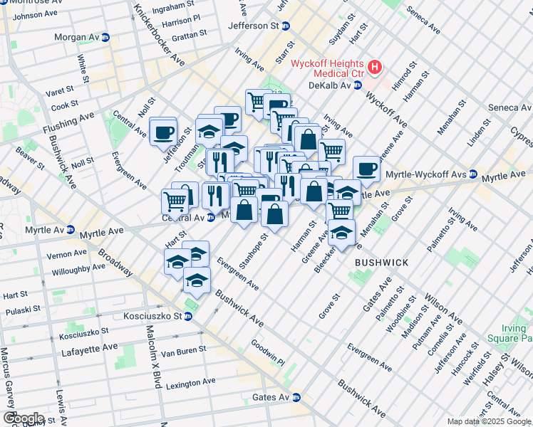 map of restaurants, bars, coffee shops, grocery stores, and more near 1296 Myrtle Avenue in Brooklyn