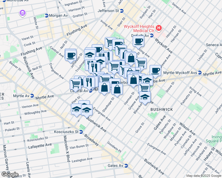 map of restaurants, bars, coffee shops, grocery stores, and more near 1296 Myrtle Avenue in Brooklyn