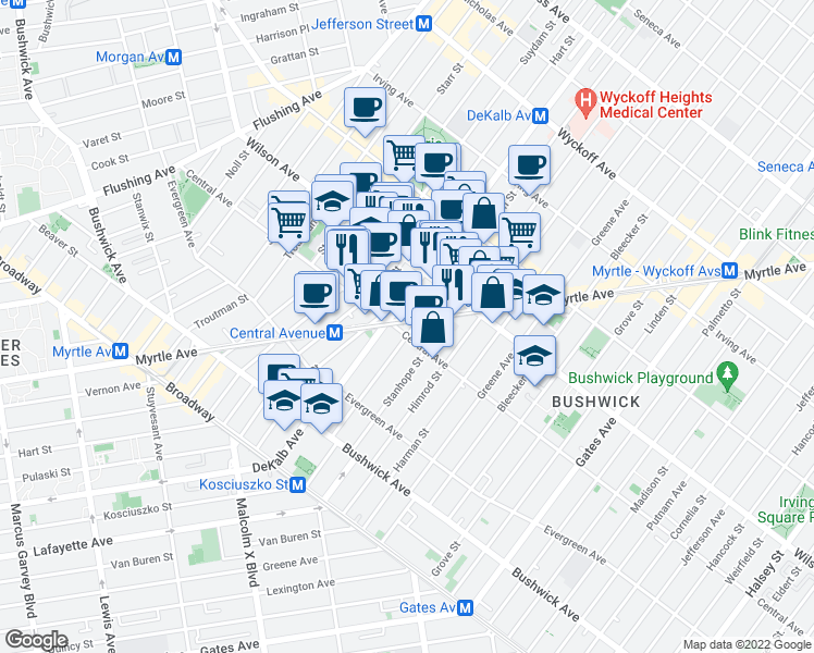 map of restaurants, bars, coffee shops, grocery stores, and more near 1296 Myrtle Avenue in Brooklyn