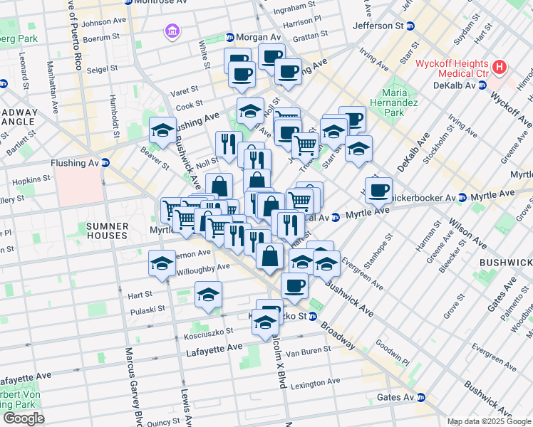 map of restaurants, bars, coffee shops, grocery stores, and more near in Brooklyn