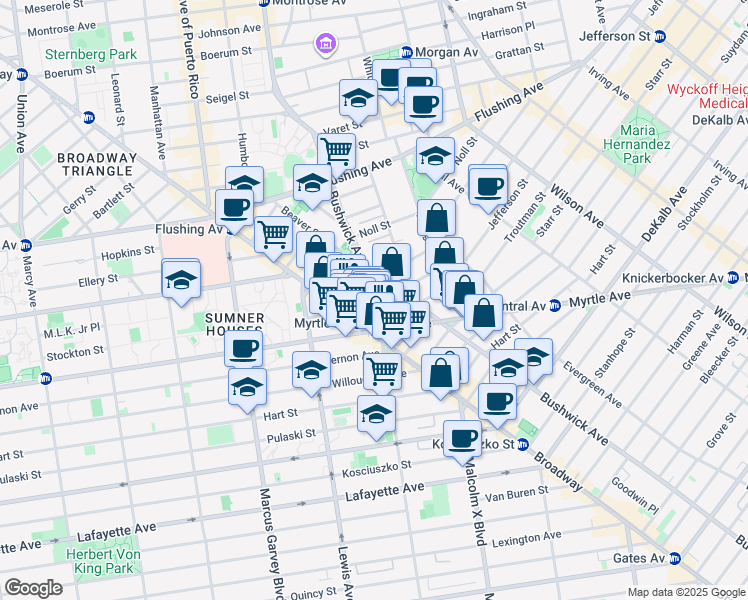 map of restaurants, bars, coffee shops, grocery stores, and more near 34 Melrose Street in Brooklyn