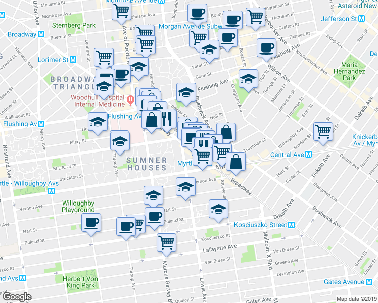 map of restaurants, bars, coffee shops, grocery stores, and more near 874 Broadway in Brooklyn