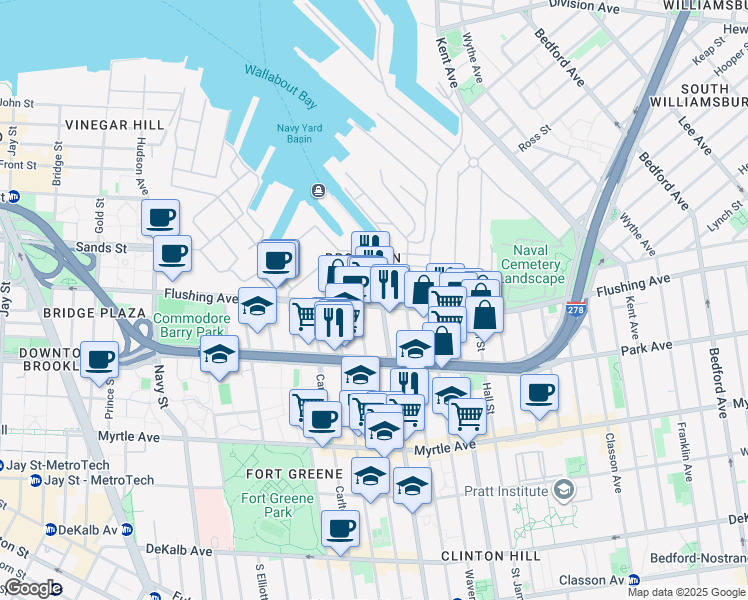 map of restaurants, bars, coffee shops, grocery stores, and more near 141 Flushing Avenue in Brooklyn