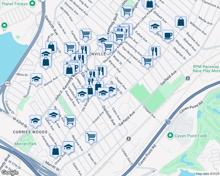 map of restaurants, bars, coffee shops, grocery stores, and more near 33 Sheffield Street in Jersey City