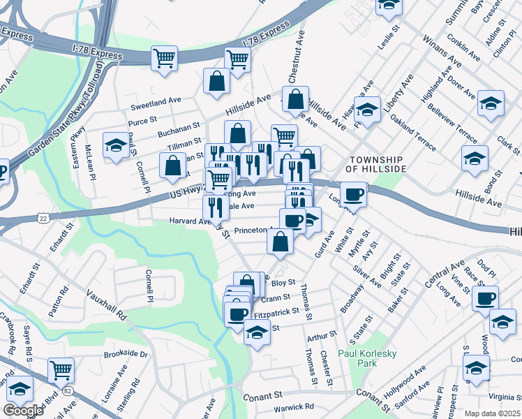 map of restaurants, bars, coffee shops, grocery stores, and more near 396 Yale Avenue in Hillside