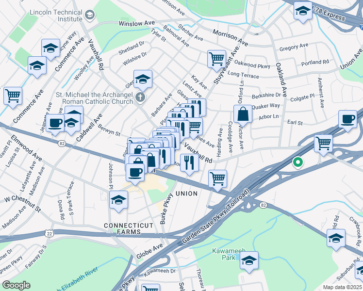 map of restaurants, bars, coffee shops, grocery stores, and more near in Union