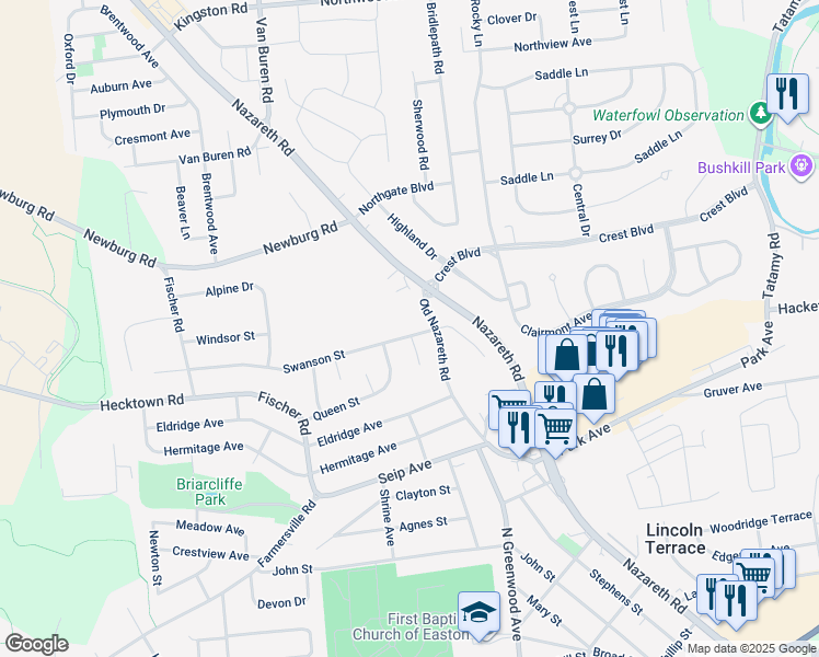 map of restaurants, bars, coffee shops, grocery stores, and more near 2609 Swanson Street in Easton