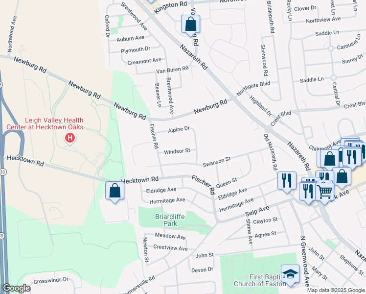 map of restaurants, bars, coffee shops, grocery stores, and more near 3007 Windsor Street in Easton