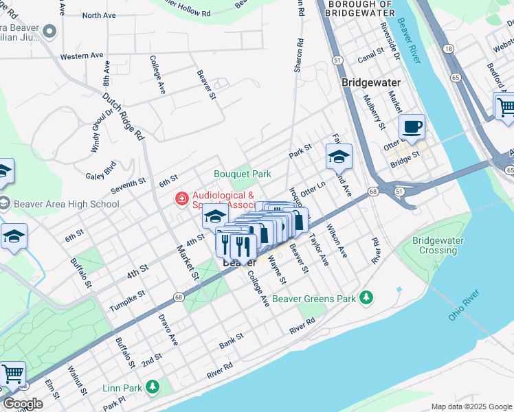 map of restaurants, bars, coffee shops, grocery stores, and more near 446 4th Street in Beaver