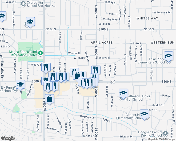map of restaurants, bars, coffee shops, grocery stores, and more near 8048 Copperfield Place in Magna