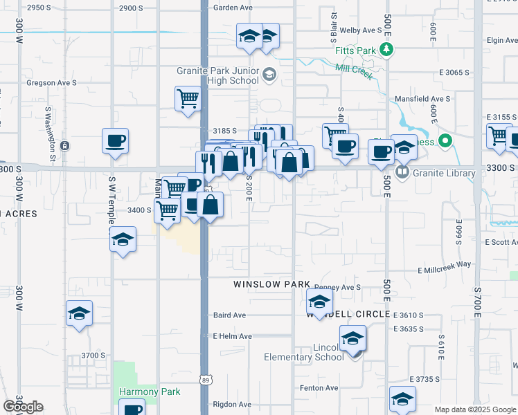 map of restaurants, bars, coffee shops, grocery stores, and more near 218 New Century Lane in South Salt Lake