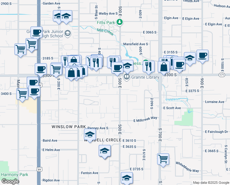map of restaurants, bars, coffee shops, grocery stores, and more near 489 East 3400 South in South Salt Lake