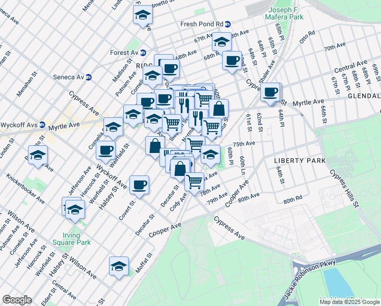 map of restaurants, bars, coffee shops, grocery stores, and more near 1804 Summerfield Street in Queens