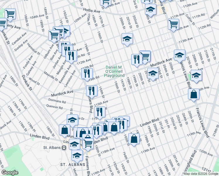 map of restaurants, bars, coffee shops, grocery stores, and more near 13 114th Road in Queens