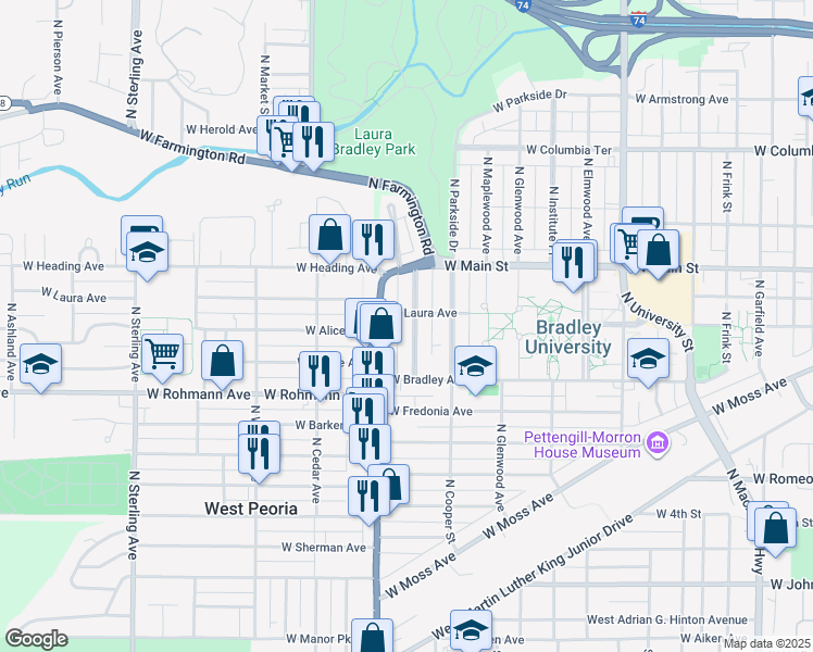 map of restaurants, bars, coffee shops, grocery stores, and more near 837 North Rebecca Place in Peoria