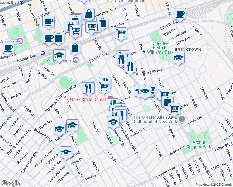 map of restaurants, bars, coffee shops, grocery stores, and more near 107-19 164th Street in Queens