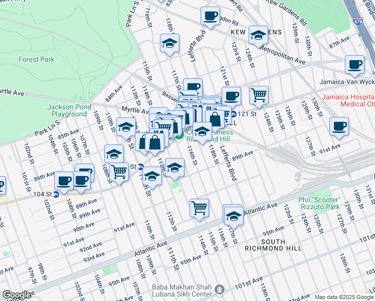 map of restaurants, bars, coffee shops, grocery stores, and more near 87-38 116th Street in Queens