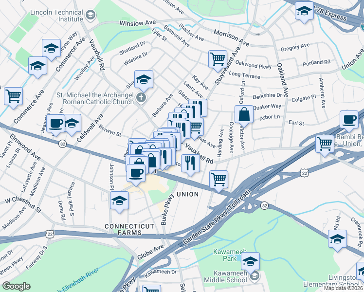 map of restaurants, bars, coffee shops, grocery stores, and more near 1081 Stuyvesant Avenue in Union