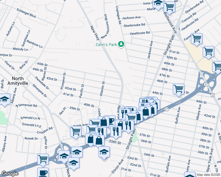 map of restaurants, bars, coffee shops, grocery stores, and more near 421 43rd Street in Copiague