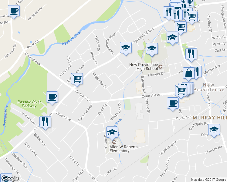 map of restaurants, bars, coffee shops, grocery stores, and more near 26 Valentine Road in New Providence