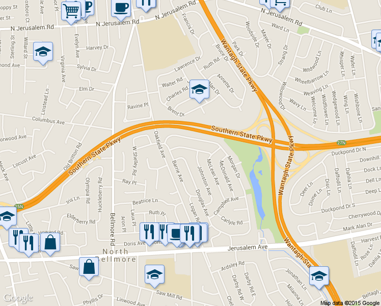 map of restaurants, bars, coffee shops, grocery stores, and more near 2922 Kinloch Rd in Wantagh