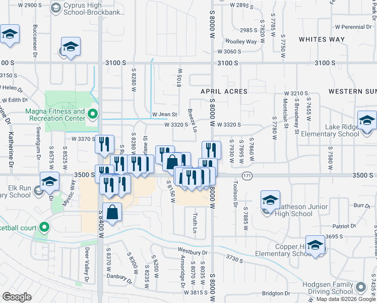 map of restaurants, bars, coffee shops, grocery stores, and more near 8082 Copperfield Place in Magna