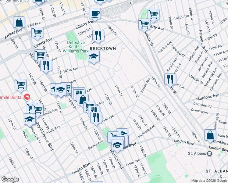 map of restaurants, bars, coffee shops, grocery stores, and more near 109-47 175th Street in Queens