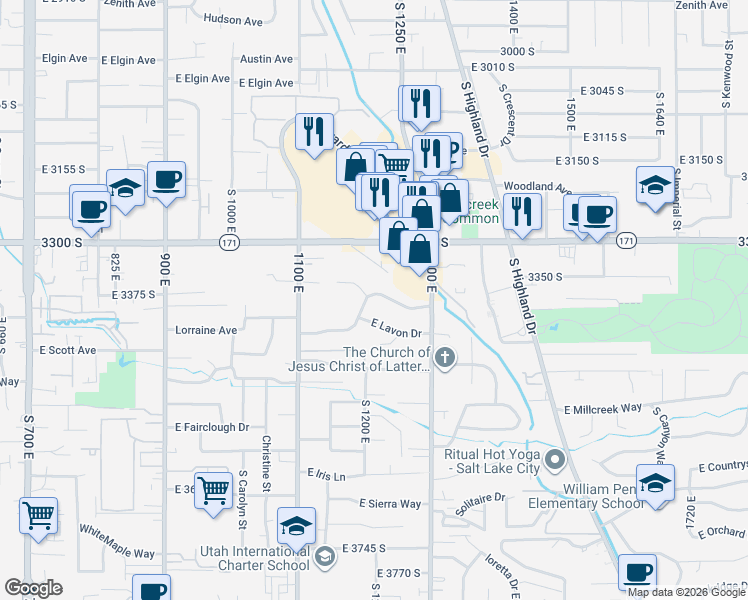 map of restaurants, bars, coffee shops, grocery stores, and more near 1206 East Ridgedale Lane in Salt Lake City