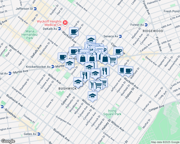 map of restaurants, bars, coffee shops, grocery stores, and more near 351 Irving Avenue in Brooklyn