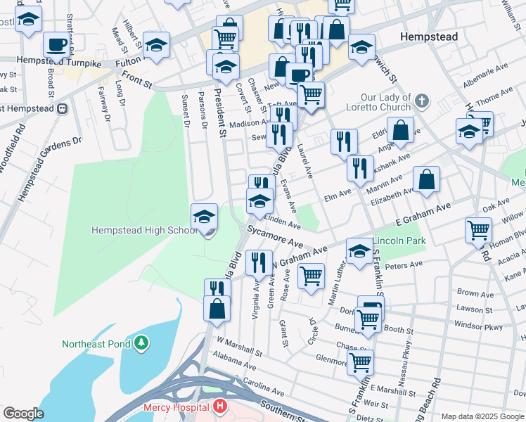 map of restaurants, bars, coffee shops, grocery stores, and more near 579 Peninsula Boulevard in Hempstead